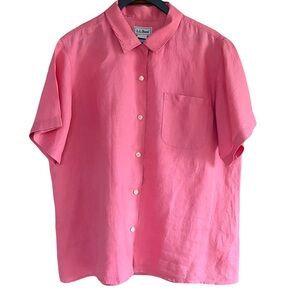L.L. Bean women’s Pink Button Down short sleeve Shirt 100% linen size LG